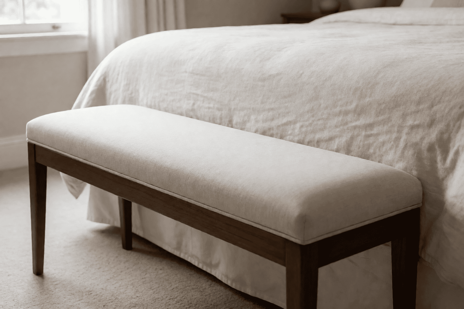 Padded bench at the foot of a bed with a thick cream cushion pad with a smooth flat top, white bed linens behind in soft morning light