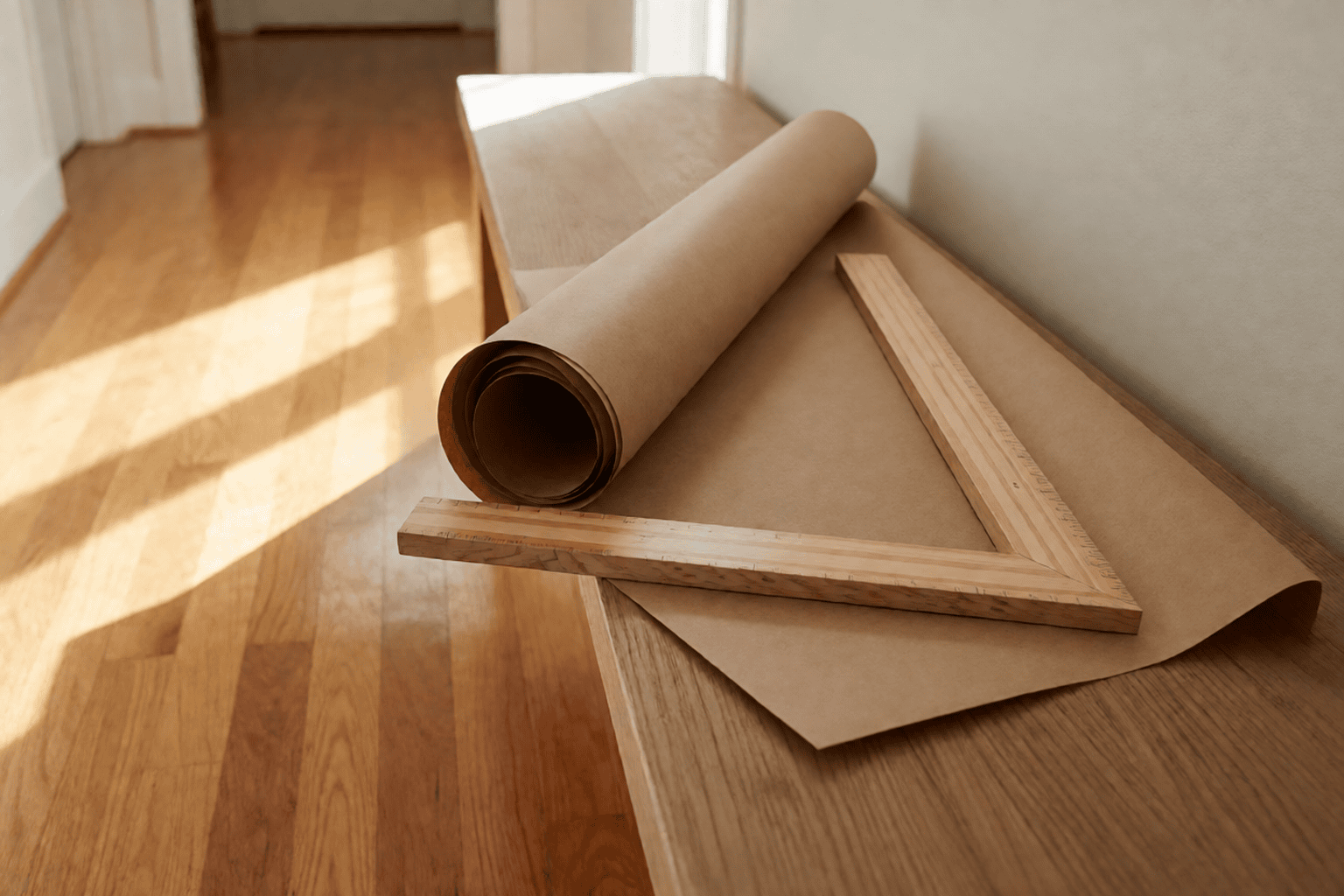 Rolled brown kraft paper and a wooden L-shaped framing square resting on a long hallway bench in morning light