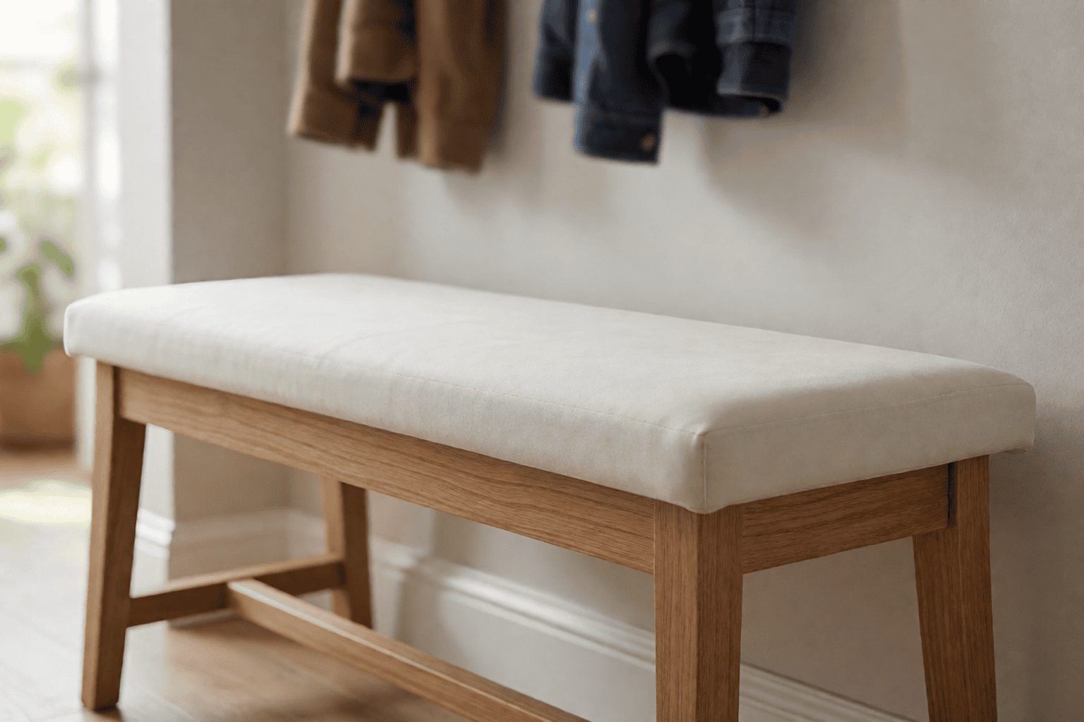 Plain wooden hallway bench covered edge to edge by a cushion pad cut exactly to the bench top with crisp square corners meeting the bench edges
