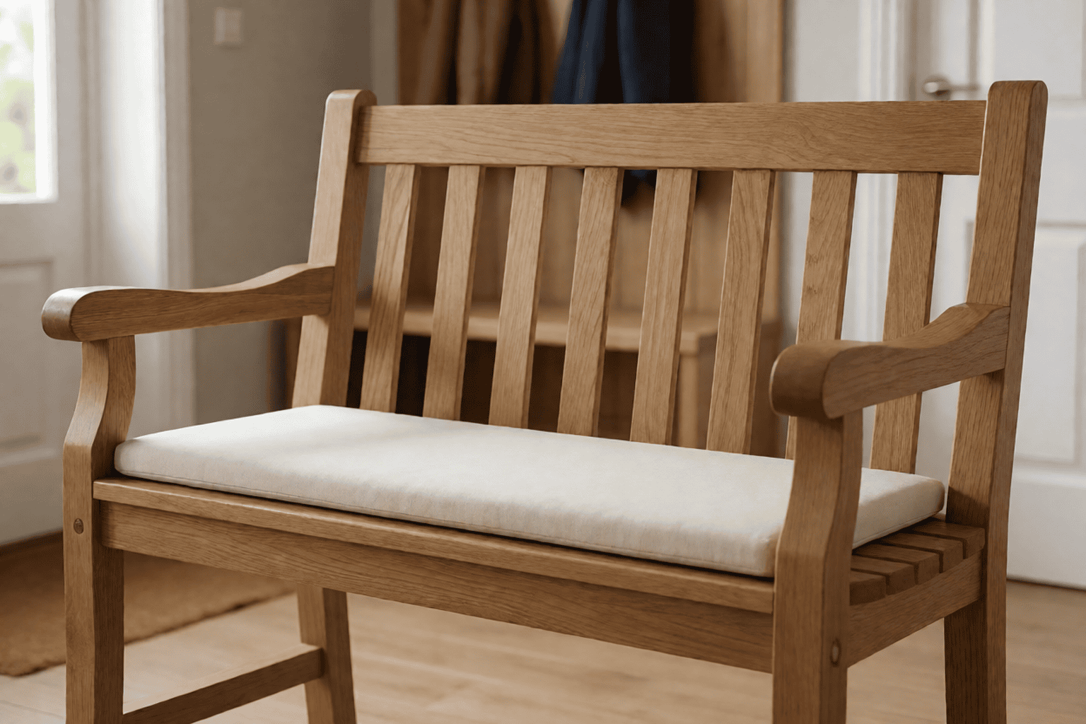 Plain wooden hallway bench with an off-the-shelf cushion pad too narrow for it, bare wood showing on both sides of the pad