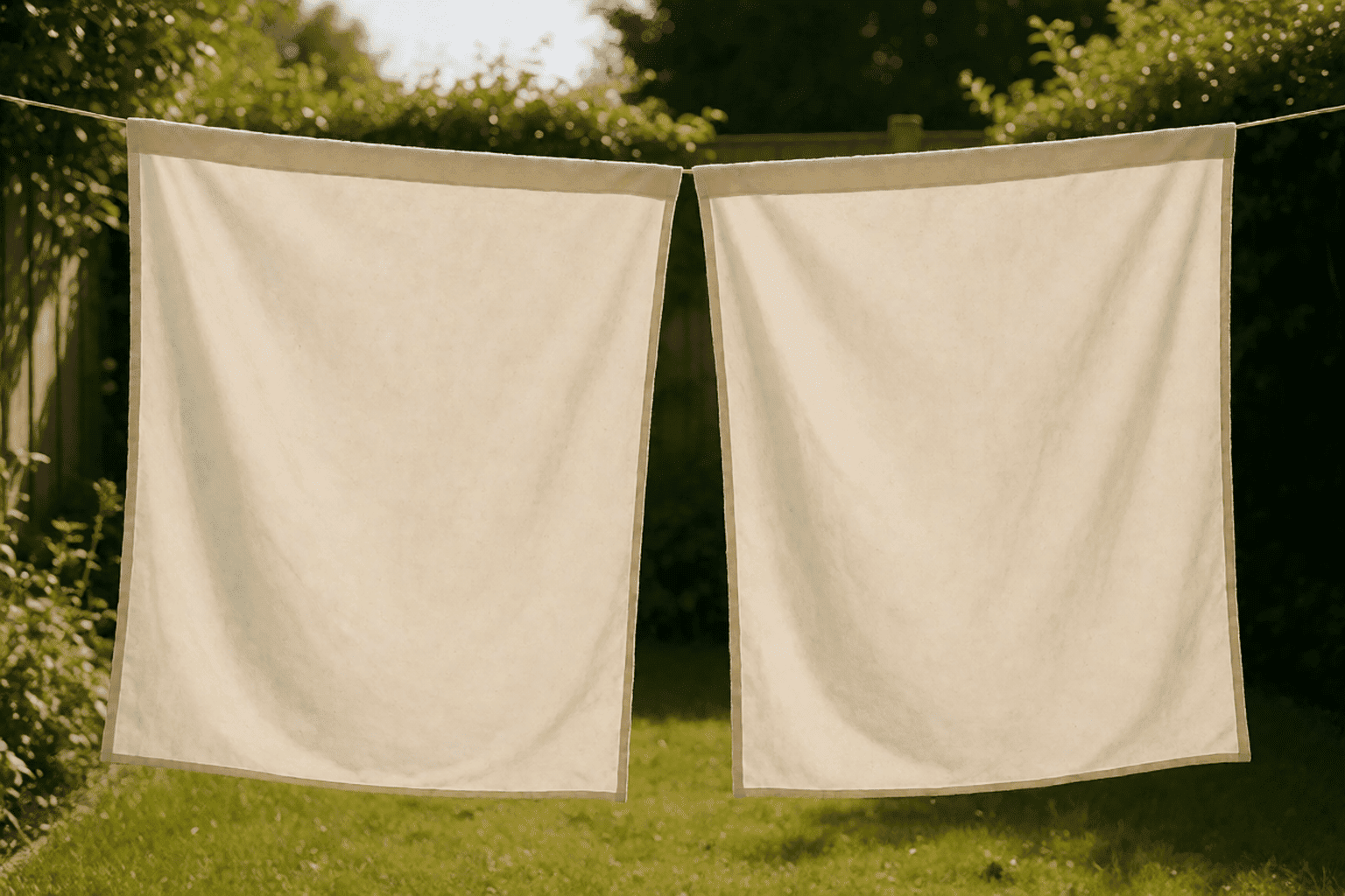 Two plain cushion covers hung evenly over a backyard clothesline drying in the sun, green garden background in warm midday light