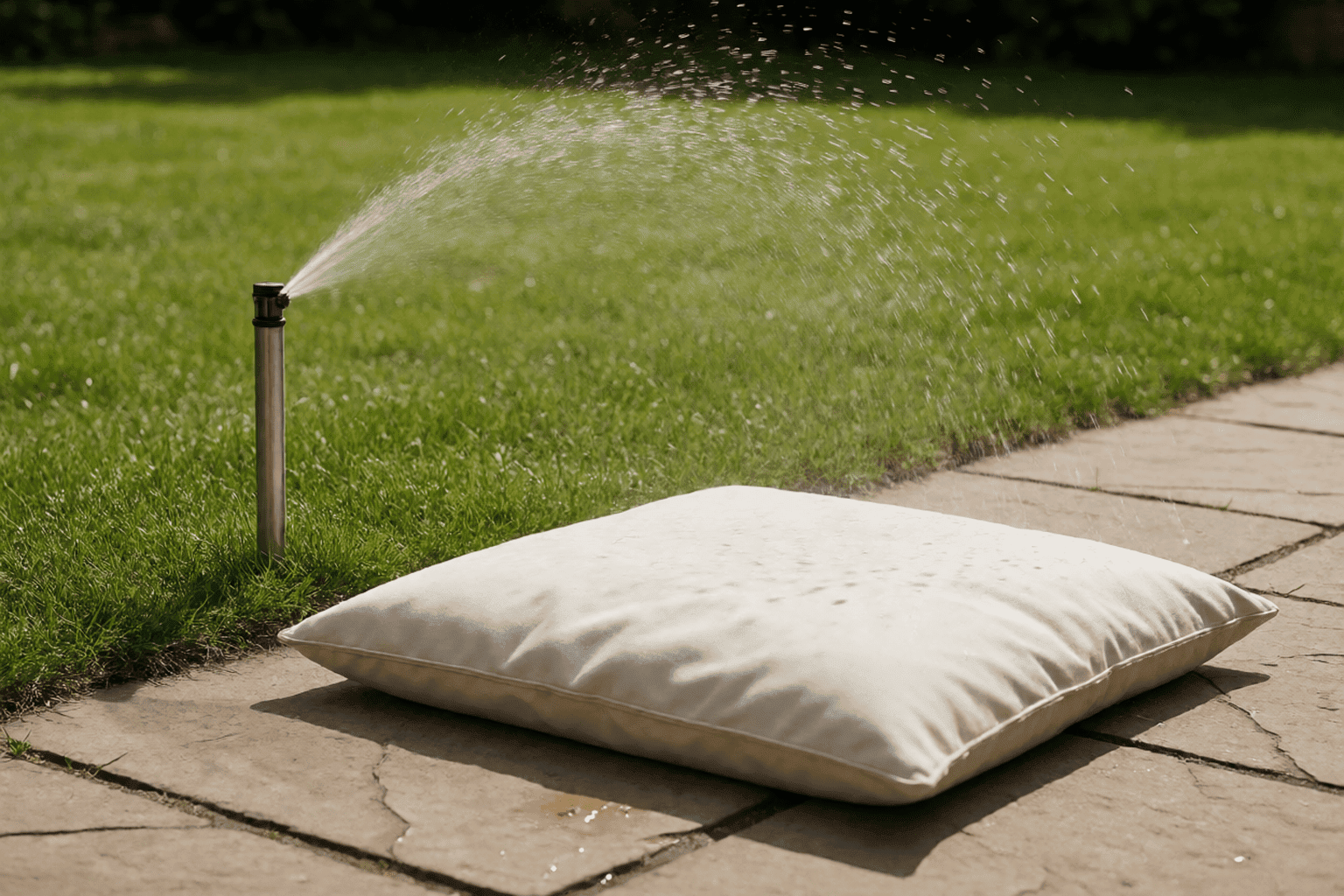 Rinsing custom Sunbrella-class outdoor cushions with a garden hose as part of routine care