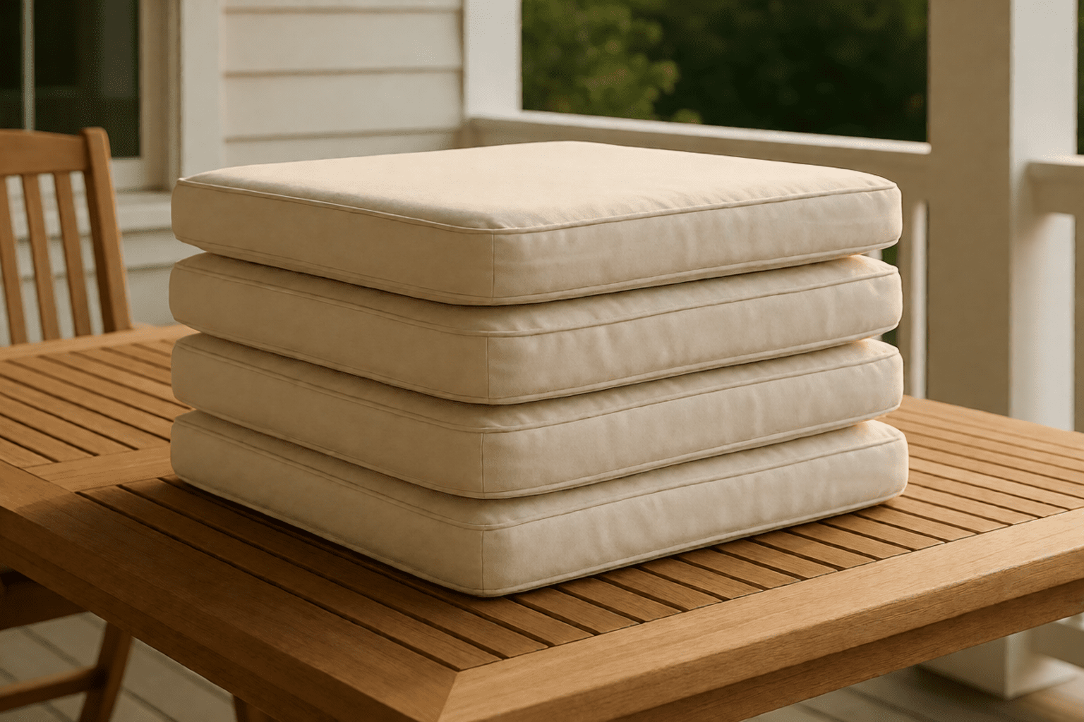 Custom outdoor cushions in solution-dyed acrylic, the Sunbrella fabric class, stacked on a patio table