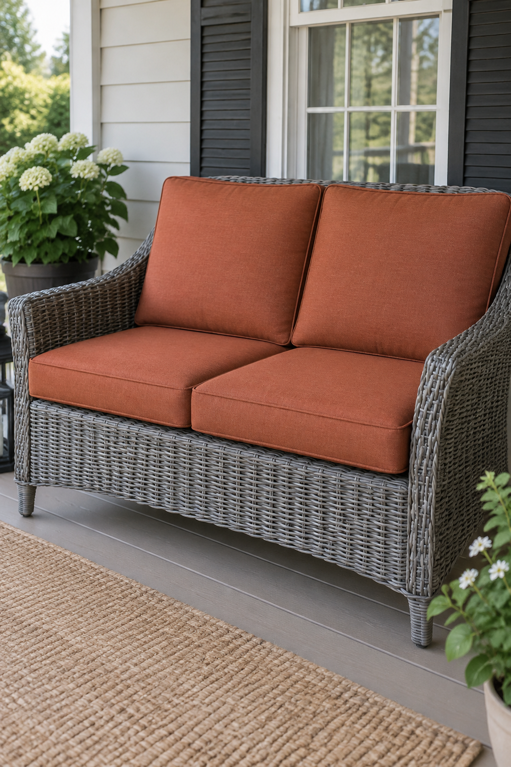Flipping a Hampton Bay patio chair to locate the white model label under the seat frame