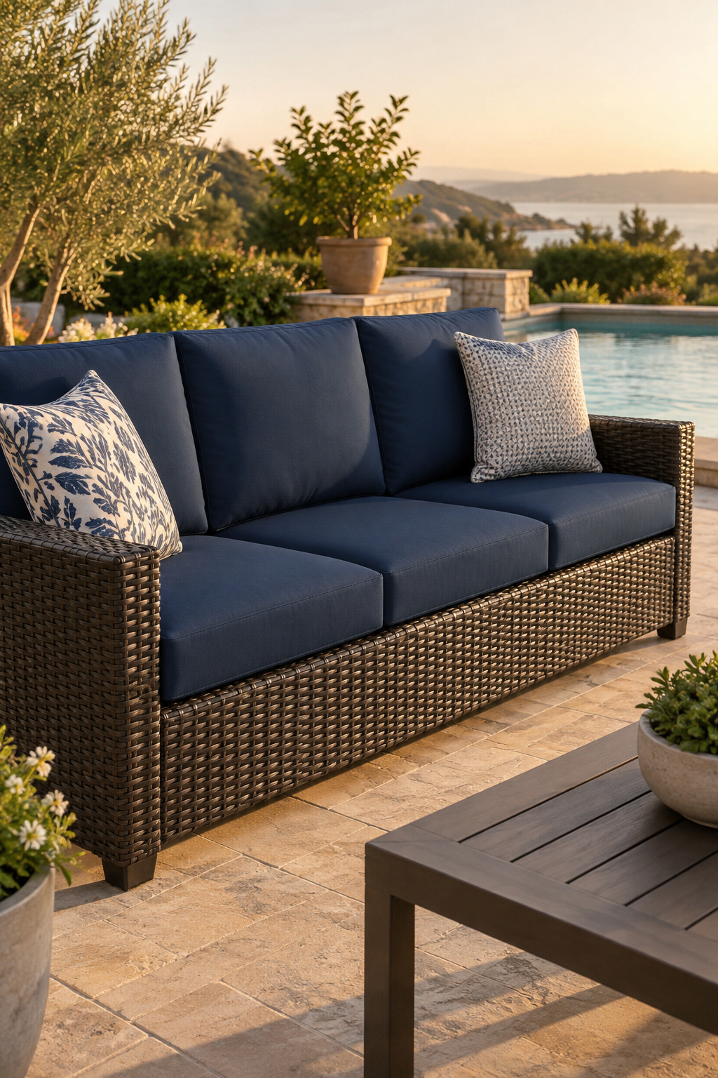 Patio furniture frame near water where humidity ages cushion foam