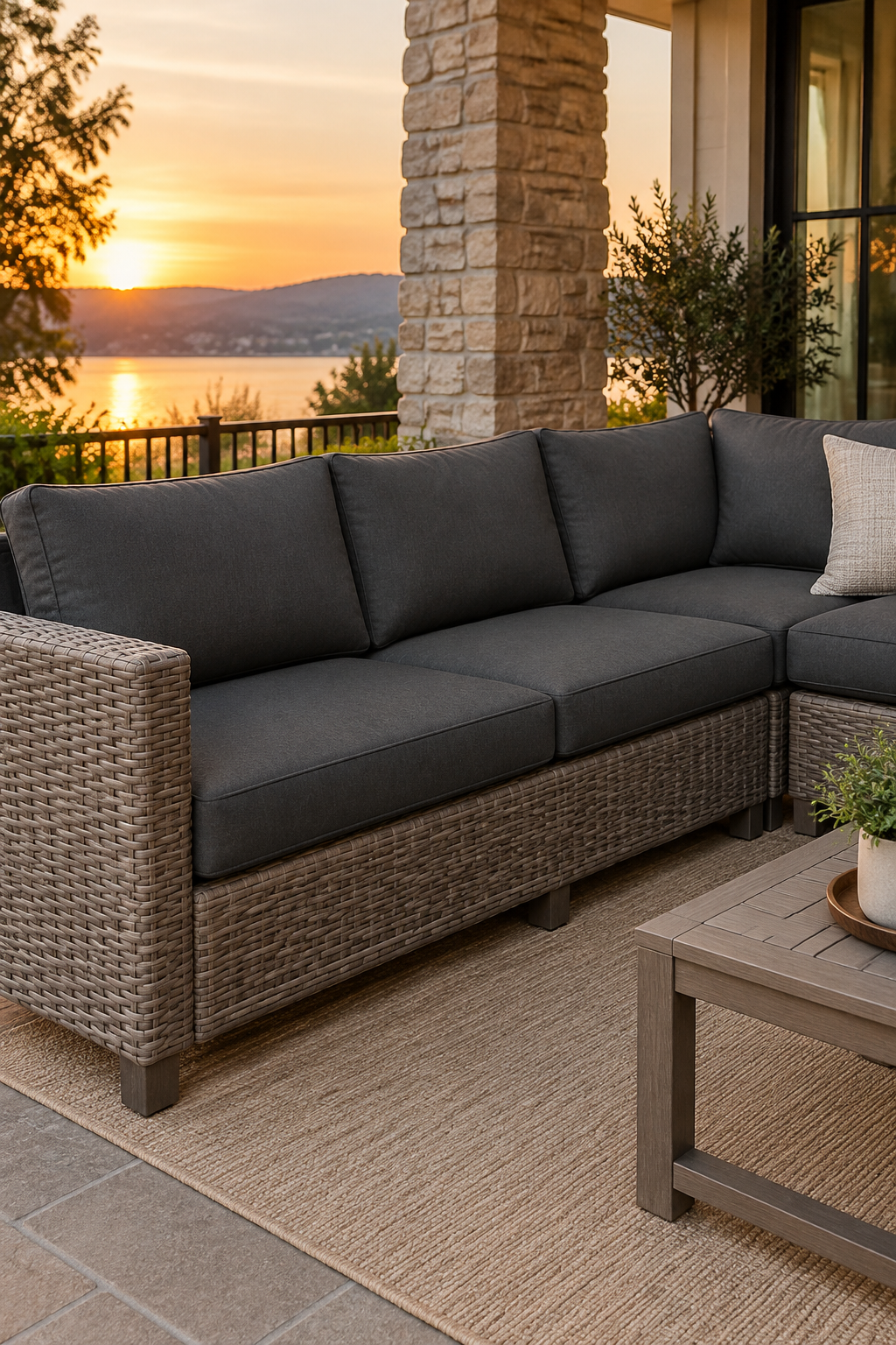 Well-used patio conversation set with flattened original cushions beside a tape measure, ready for re-cushioning