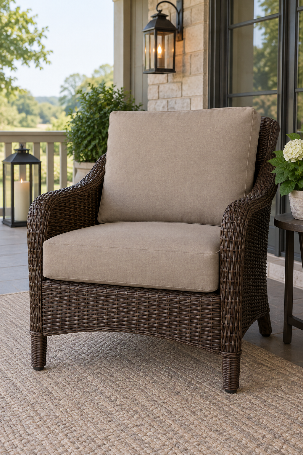Patio seat cushions moved under cover ahead of rain, stacked on a covered porch bench