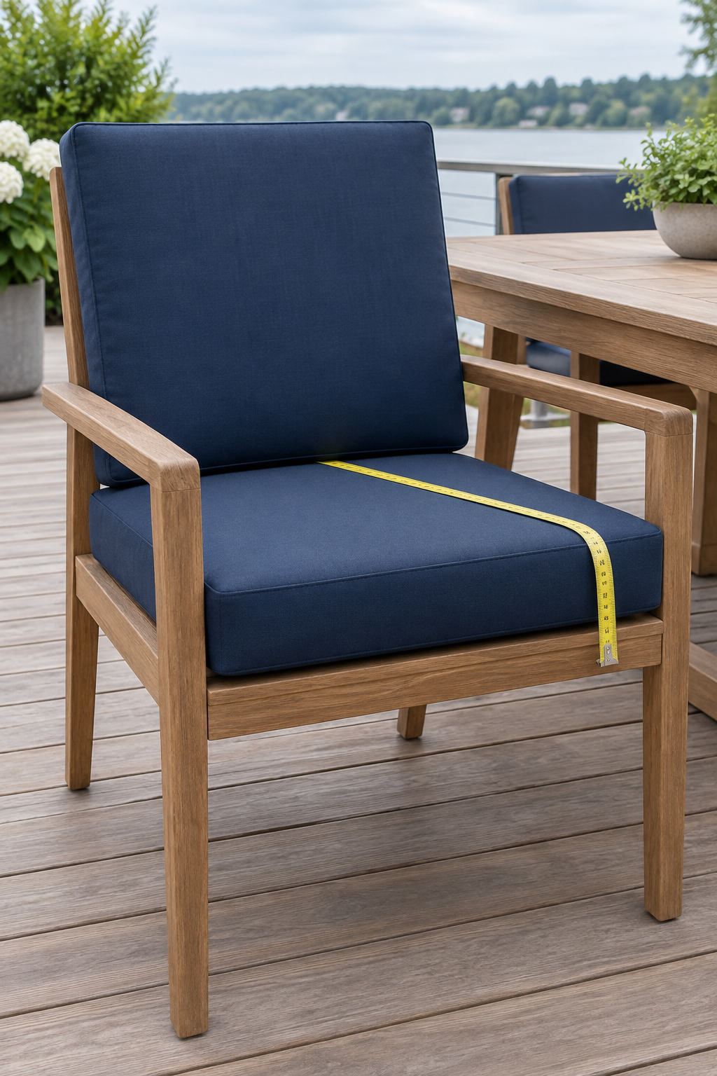Measuring the straight front edge of a cushion with a steel tape measure - a measured fit leaves no gap for a cushion to slide into