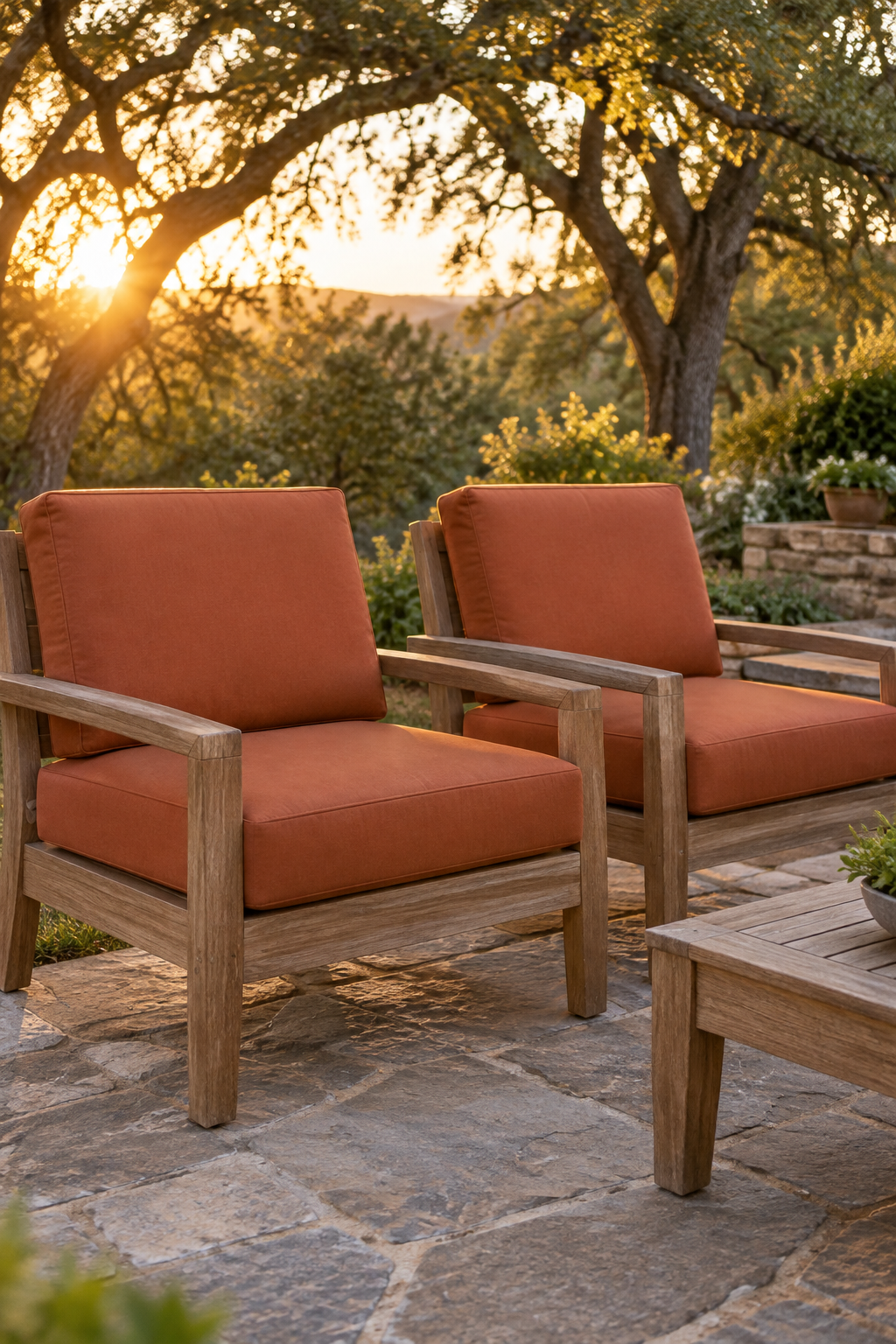 This End Up style box-frame porch furniture — Woods End replacement cushions cut to your measurements