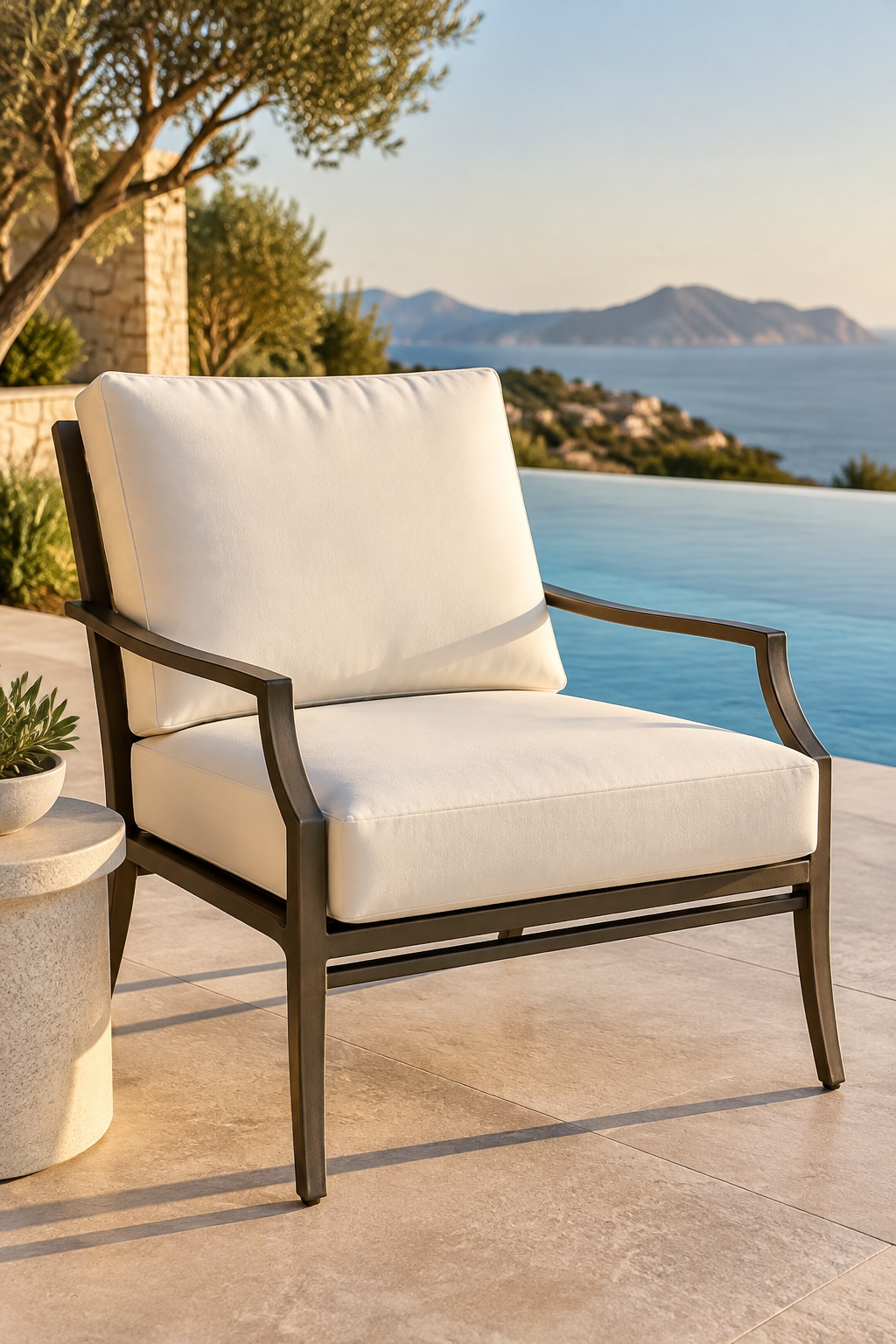 Tape measure along the seat width of an aluminum chaise frame — measure before ordering Palazzo replacement cushions