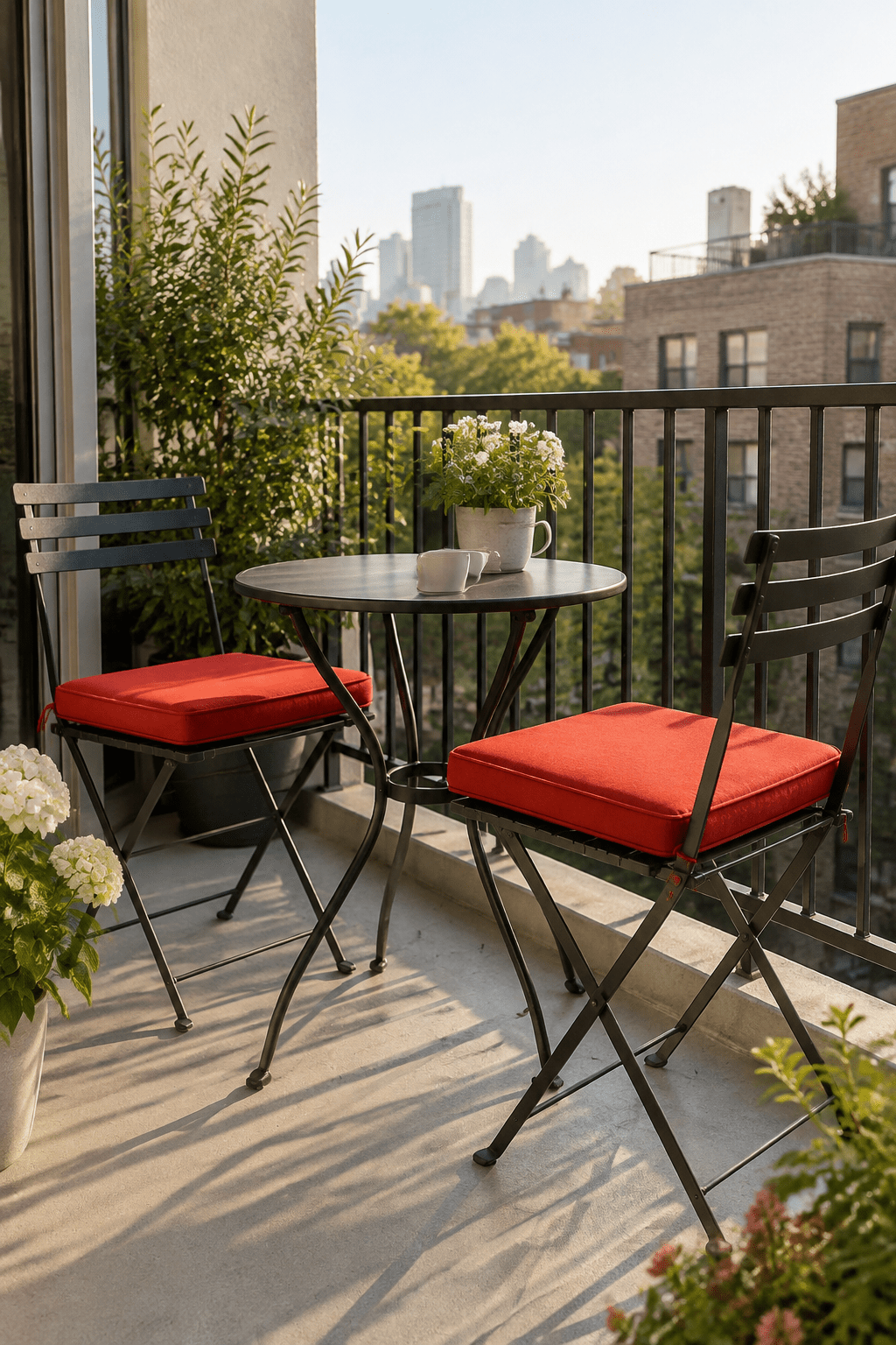 Walnut Creek seating arranged in a smaller retirement-community porch after downsizing from a large family yard