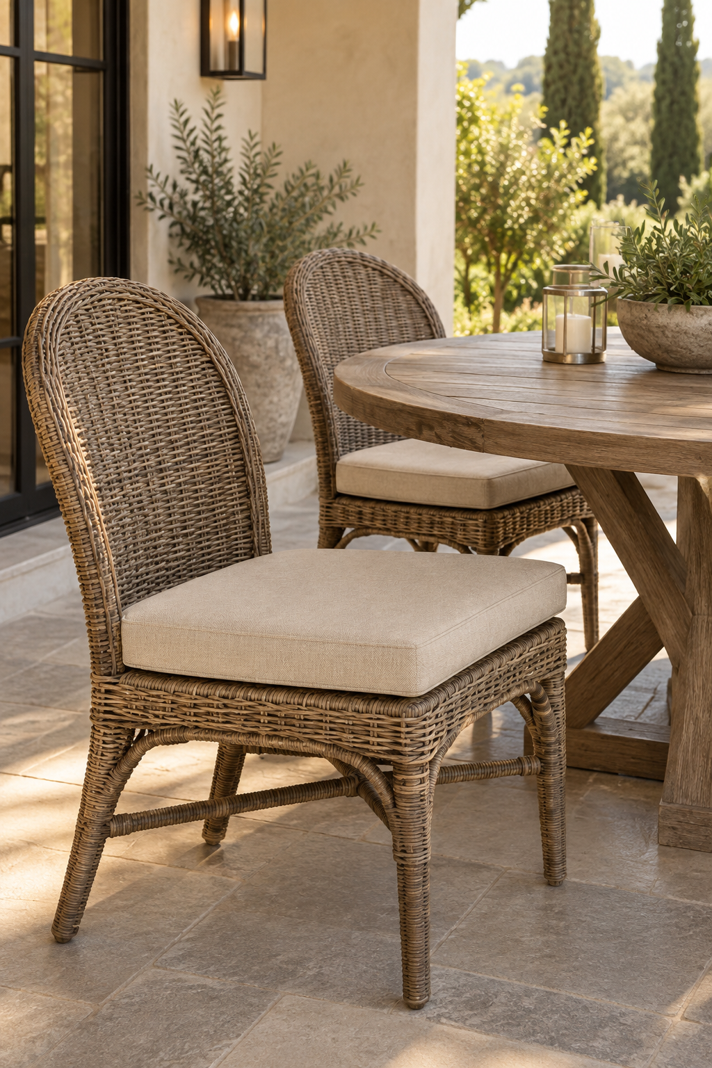 Custom crescent wicker seat cushion fitted over a woven rattan seat