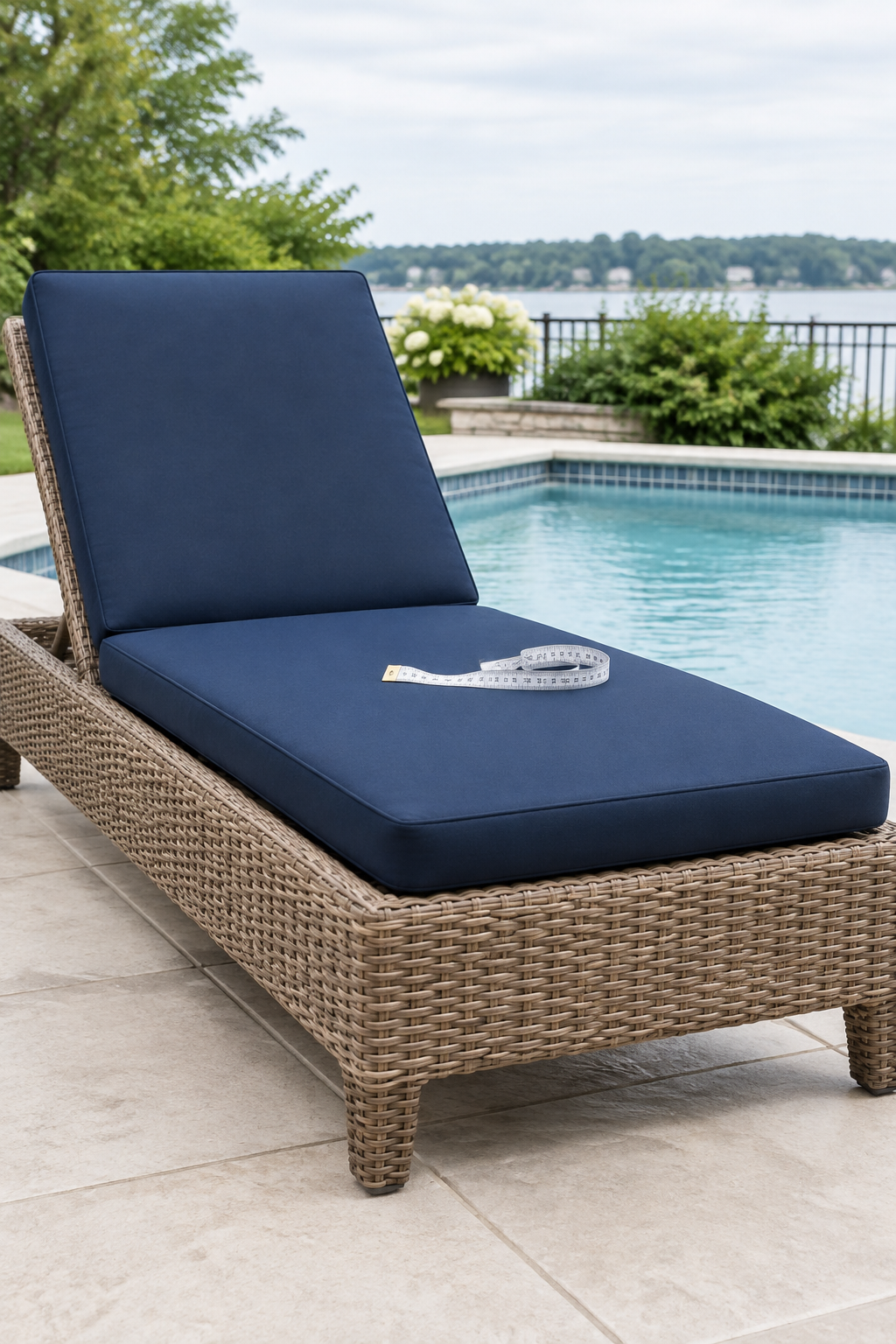 Overhead view of a wicker chaise cushion showing the straight front edge and curved narrower back
