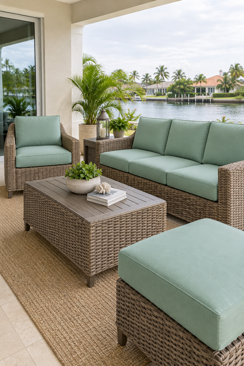 Custom wicker chaise cushion in beige fitted to a woven rattan chaise lounge on a sunlit balcony