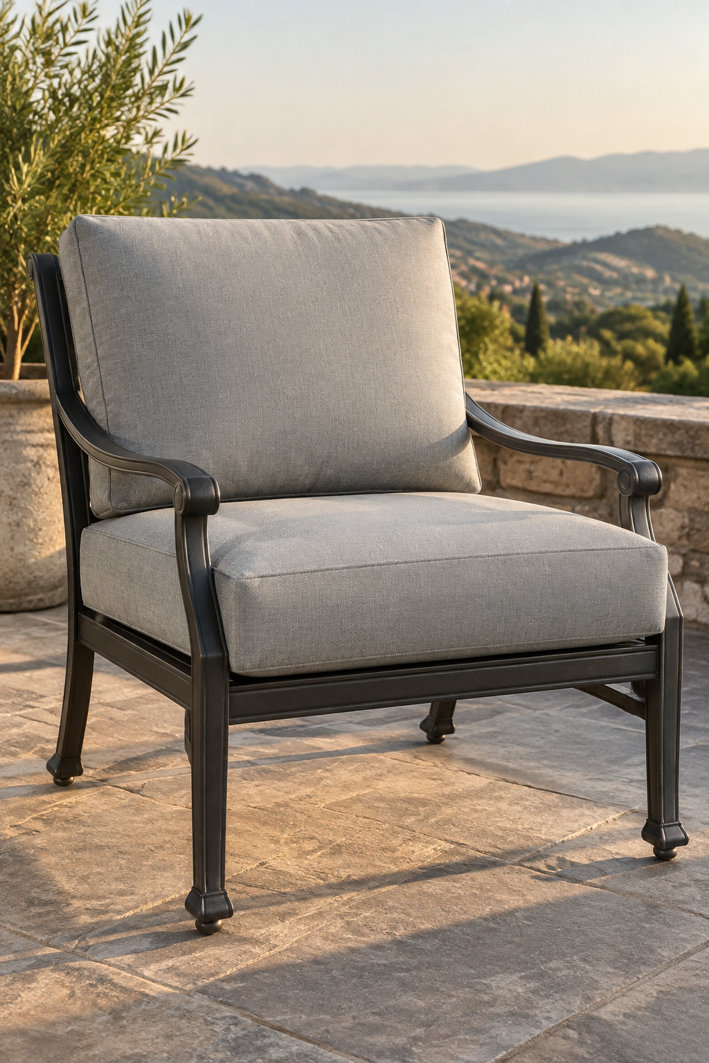 How to find your Hampton Bay model number &mdash; patio chair flipped to read the white label under the seat frame