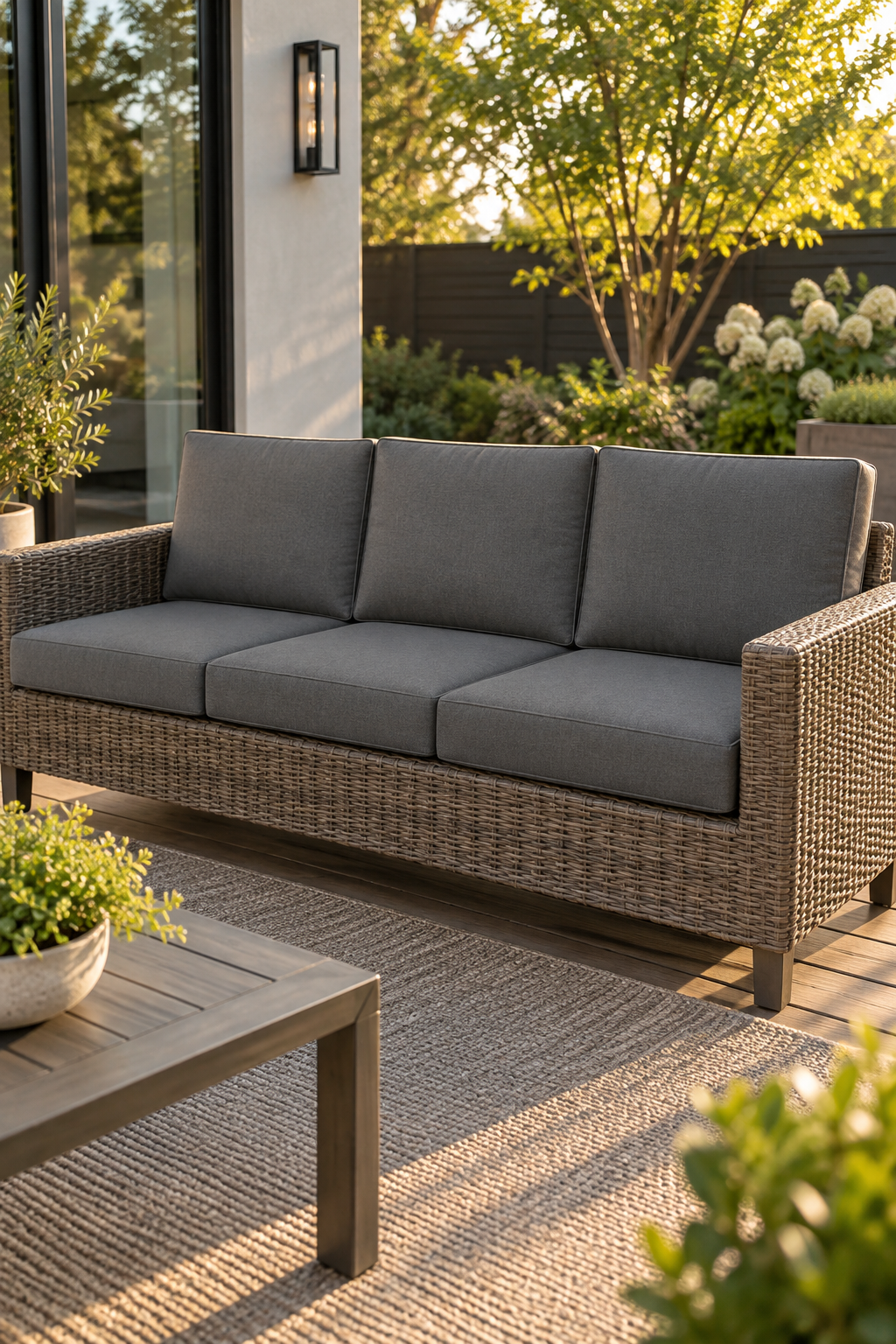 Wicker patio frame being wiped and checked for loose weave while its old cushions sit aside for assessment