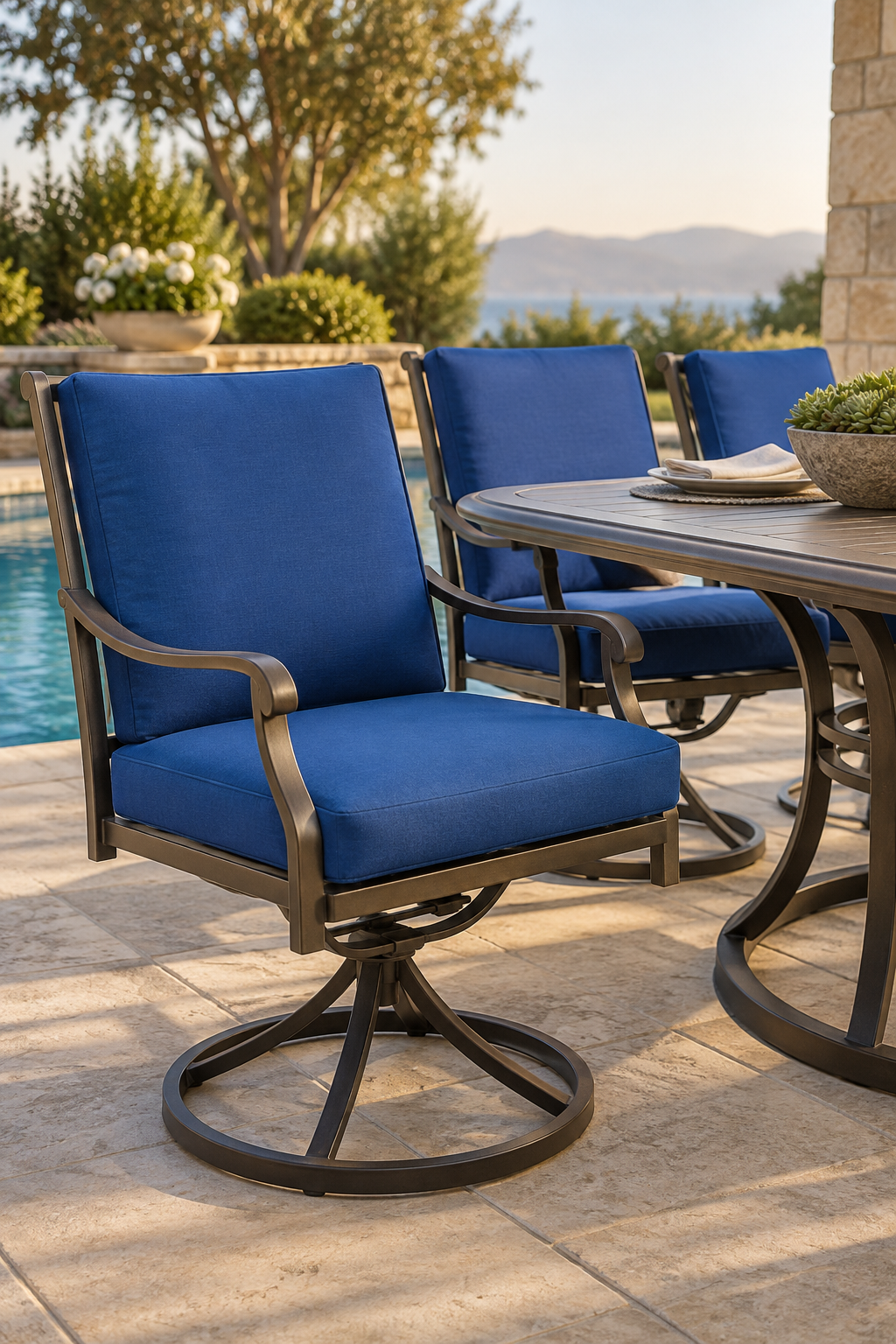 Patio seating in east-facing morning light, cushions catching the sun on one side only