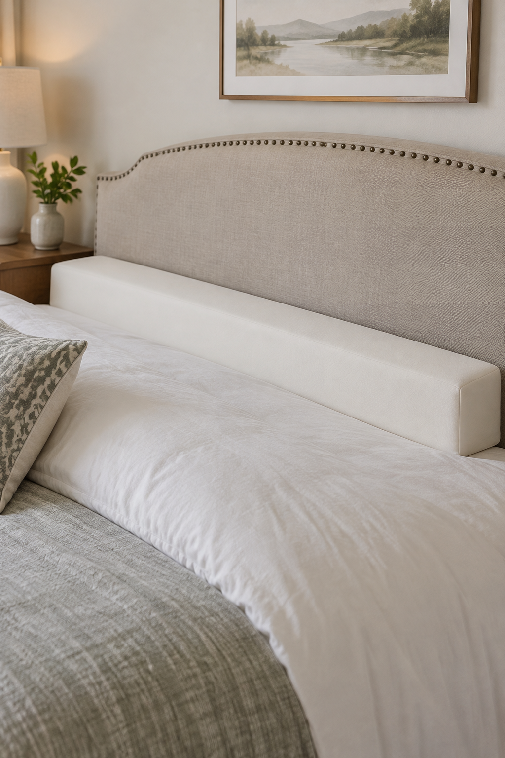Custom bed gap filler: one rectangular foam strip pressed into the gap between mattress and headboard, top flush with the mattress
