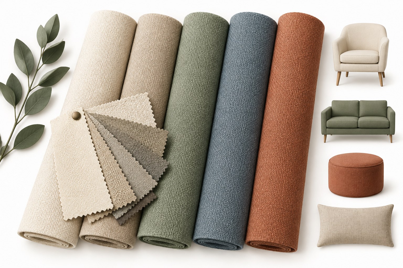 Upholstery fabric rolls and swatch fan for custom replacement cushions
