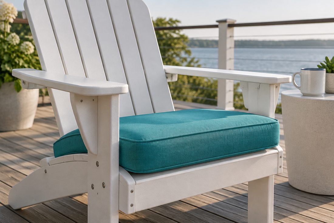 Slatted marine polymer Adirondack chair on a deck with a contoured teal custom seat cushion