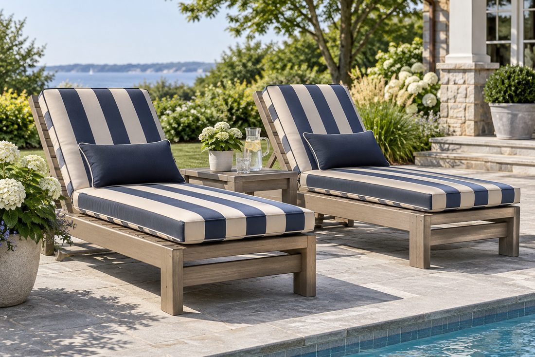 Two slatted HDPE lumber chaise lounges on a patio, each with thick custom navy-and-sand striped cushions