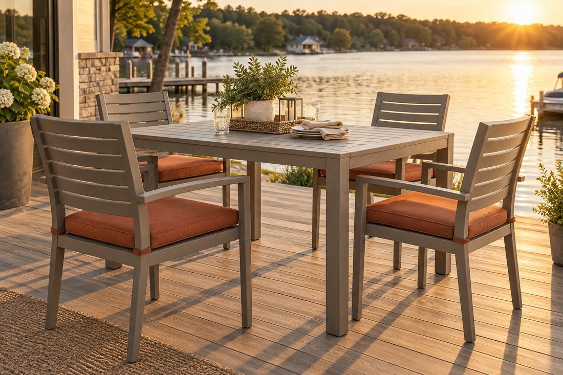 Four slatted polymer dining chairs around a lakeside deck table, fitted with custom terracotta seat pads