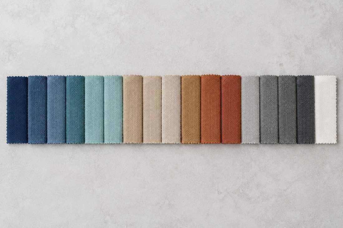 Row of outdoor cushion fabric swatches from navy and teal to terracotta and gray