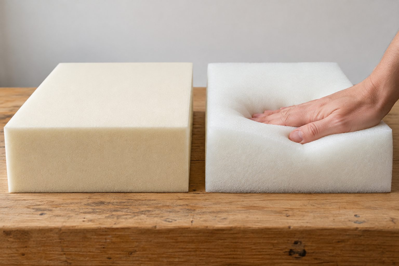 Firm high-density upholstery foam block beside softer foam compressed by hand