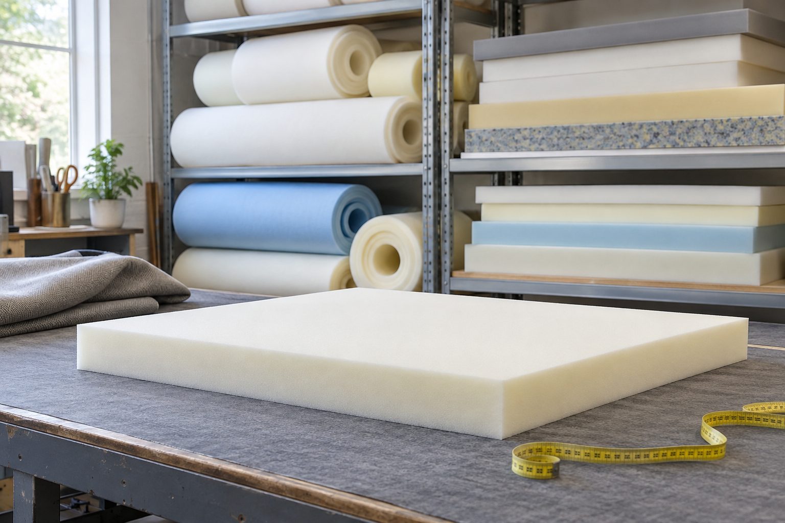 Upholstery foam sheets and rolls in a workshop with cut-to-size block and measuring tape
