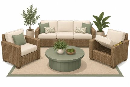 Wicker deep-seating patio set with one seat cushion lifted off the frame